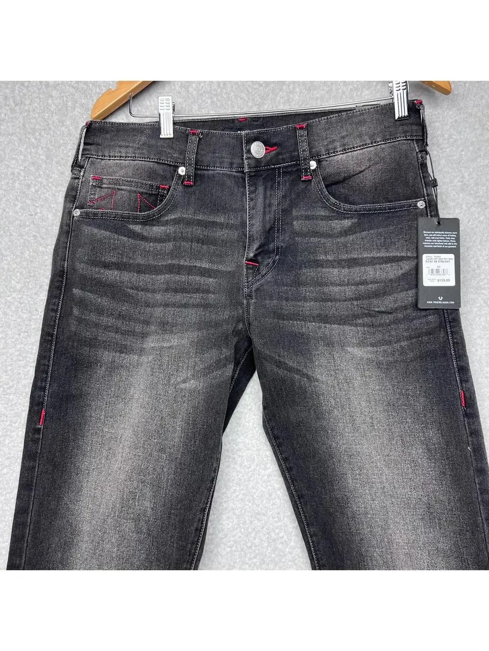 True Religion Ricky Relax Straight Jeans W31 L34 Black Red Stitch Y2K Baggy New